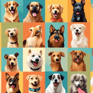 A collage of 10 different dog breeds sitting politely, with happy expressions and surrounded by training tools like treats, clickers, and leashes.