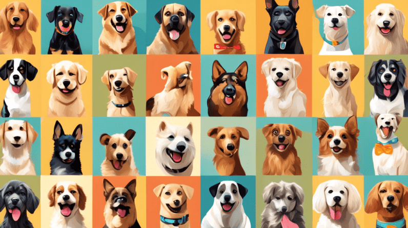 A collage of 10 different dog breeds sitting politely, with happy expressions and surrounded by training tools like treats, clickers, and leashes.