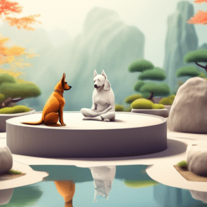 A peaceful dog meditating in a zen garden with a serene expression, surrounded by bonsai trees and a rock garden.