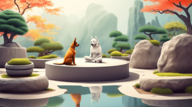 A peaceful dog meditating in a zen garden with a serene expression, surrounded by bonsai trees and a rock garden.