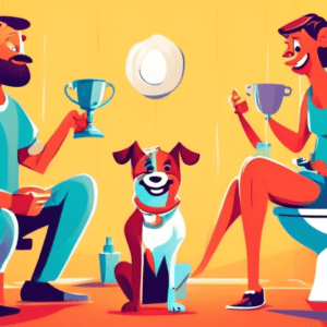 A frustrated dog owner with their legs crossed being handed a trophy by a smiling dog sitting on a toilet.