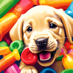 A labrador retriever puppy with its teeth showing playfully while surrounded by colorful chew toys.