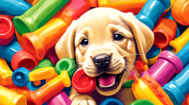 A labrador retriever puppy with its teeth showing playfully while surrounded by colorful chew toys.