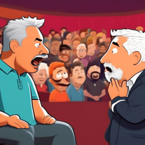 A cartoon dog whispering into the ear of a Cesar Millan caricature on a talk show set, with a South Park character in the audience