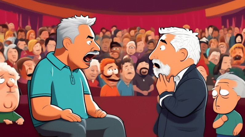 A cartoon dog whispering into the ear of a Cesar Millan caricature on a talk show set, with a South Park character in the audience