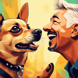 A chihuahua whispering into the ear of a surprised but trusting German Shepherd, Cesar Millan smiles in the background.