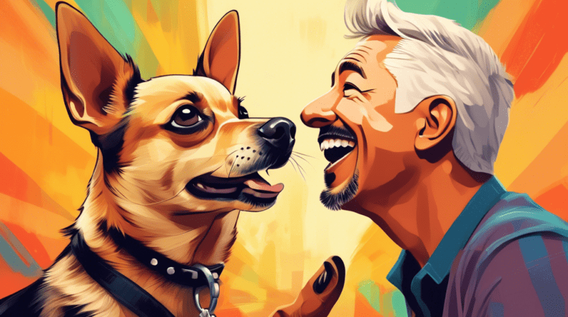 A chihuahua whispering into the ear of a surprised but trusting German Shepherd, Cesar Millan smiles in the background.