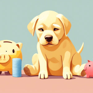 A yellow labrador puppy with a bandage on its belly looking sad next to a piggy bank with a bandaid and a sad face.