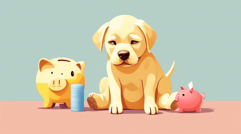 A yellow labrador puppy with a bandage on its belly looking sad next to a piggy bank with a bandaid and a sad face.