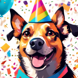 A surprised looking dog wearing a party hat, surrounded by confetti, with a dog trainer calmly smiling and giving a thumbs up in the background.