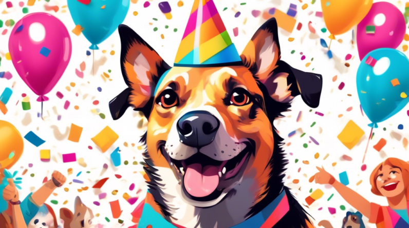 A surprised looking dog wearing a party hat, surrounded by confetti, with a dog trainer calmly smiling and giving a thumbs up in the background.