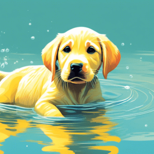 A yellow labrador retriever puppy paddling in a lake with its webbed paws visible above the water.