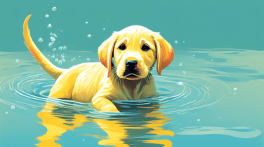 A yellow labrador retriever puppy paddling in a lake with its webbed paws visible above the water.