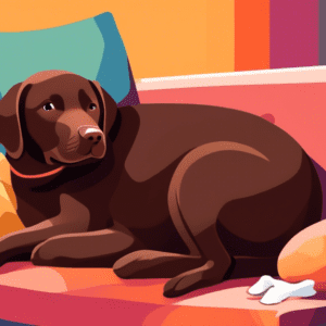 A chocolate labrador puppy cuddling with its owner on a comfy sofa.