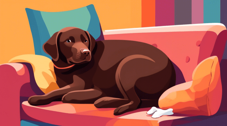 A chocolate labrador puppy cuddling with its owner on a comfy sofa.