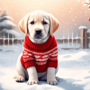 A labrador puppy wearing a red and white Christmas sweater, sitting in a snowy garden, with a surprised expression.