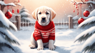 A labrador puppy wearing a red and white Christmas sweater, sitting in a snowy garden, with a surprised expression.