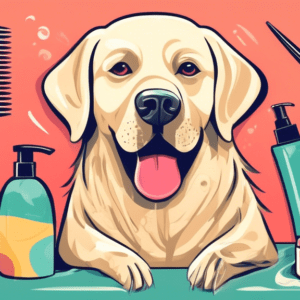 A Labrador Retriever being groomed by a professional groomer, surrounded by brushes, scissors, and shampoo.