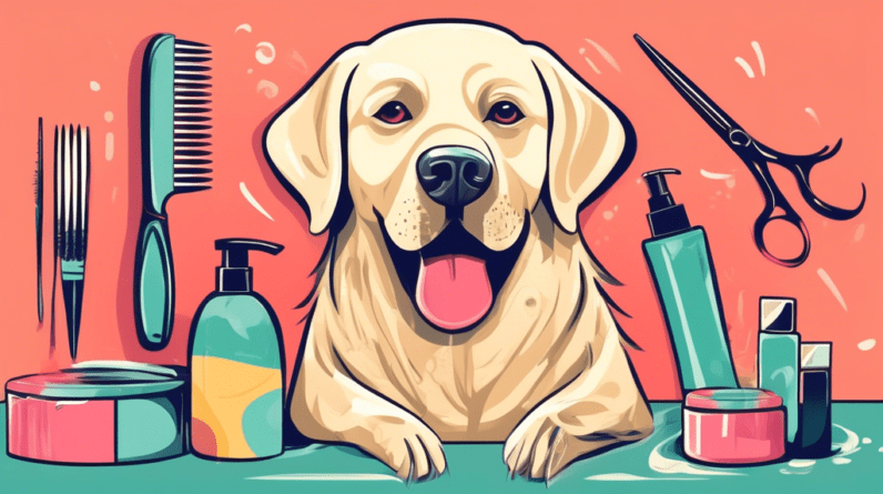 A Labrador Retriever being groomed by a professional groomer, surrounded by brushes, scissors, and shampoo.