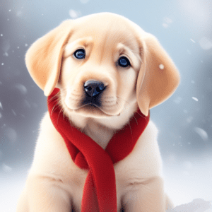 A labrador puppy wearing a red winter coat, sitting in the snow and looking up at the camera with a curious expression.