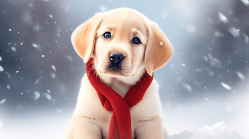 A labrador puppy wearing a red winter coat, sitting in the snow and looking up at the camera with a curious expression.