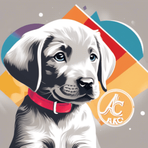 A silver Labrador Retriever puppy with the AKC logo in the background.