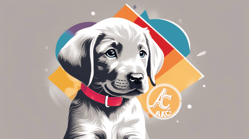 A silver Labrador Retriever puppy with the AKC logo in the background.