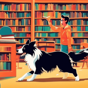 A Border Collie demonstrating tricks in a library with bookshelves, a dog trainer, and people watching.