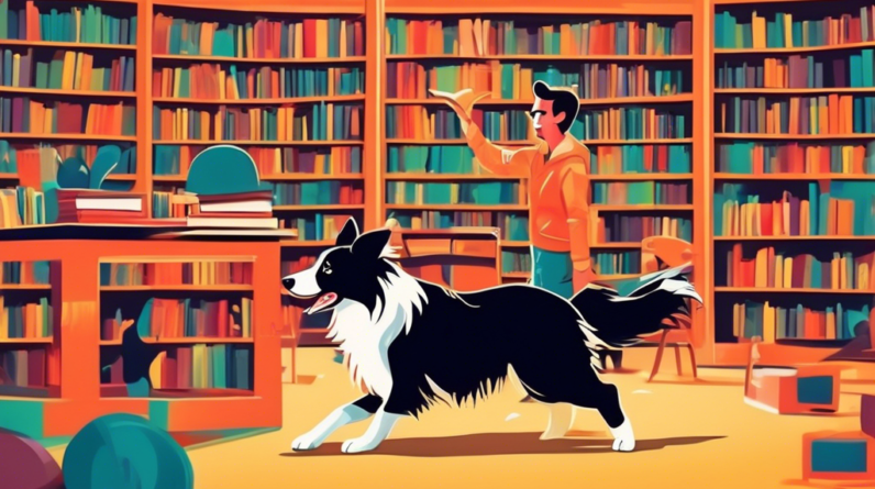 A Border Collie demonstrating tricks in a library with bookshelves, a dog trainer, and people watching.