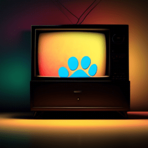 A single paw print on a TV screen with a spotlight shining on it, evoking sadness and a tribute.