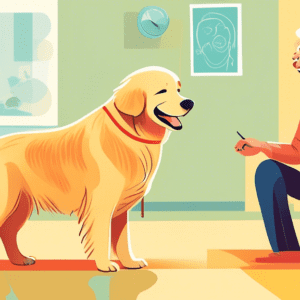 An old golden retriever dog happily learning new tricks from a patient, smiling trainer.