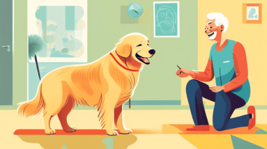 An old golden retriever dog happily learning new tricks from a patient, smiling trainer.