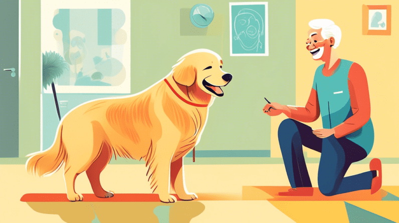 An old golden retriever dog happily learning new tricks from a patient, smiling trainer.