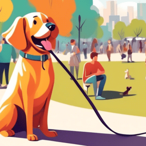 A happy dog with a wagging tail sitting politely next to its owner on a leash in a busy park with other people and dogs in the background.