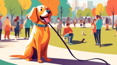 A happy dog with a wagging tail sitting politely next to its owner on a leash in a busy park with other people and dogs in the background.