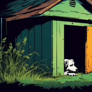 A dilapidated dog kennel with a single sad dog looking out, overgrown weeds, and a threatening shadow of a person holding a chain.