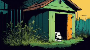 A dilapidated dog kennel with a single sad dog looking out, overgrown weeds, and a threatening shadow of a person holding a chain.