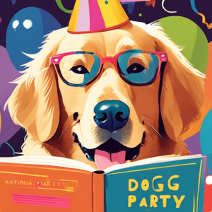 A dog wearing a party hat reading a guidebook titled National Dog Party Day with a golden retriever author wearing glasses smiling in the background.