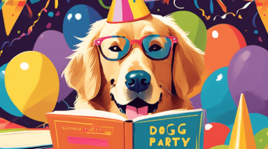 A dog wearing a party hat reading a guidebook titled National Dog Party Day with a golden retriever author wearing glasses smiling in the background.