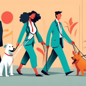 A collage of diverse people working critical jobs: A stressed office worker in a suit beside a zen yoga instructor, a tired doctor next to a cheerful dog walker holding multiple leashes.