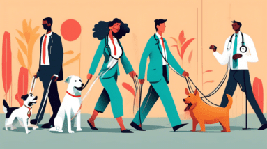 A collage of diverse people working critical jobs: A stressed office worker in a suit beside a zen yoga instructor, a tired doctor next to a cheerful dog walker holding multiple leashes.