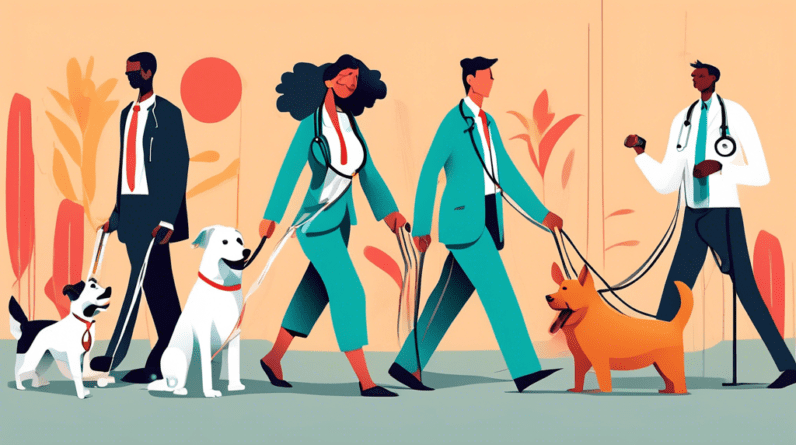 A collage of diverse people working critical jobs: A stressed office worker in a suit beside a zen yoga instructor, a tired doctor next to a cheerful dog walker holding multiple leashes.