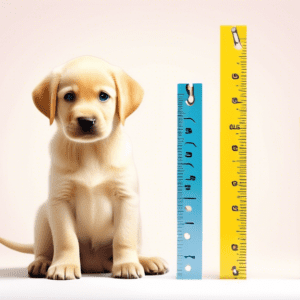 A labrador puppy standing next to a measuring tape showing its height.