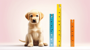 A labrador puppy standing next to a measuring tape showing its height.