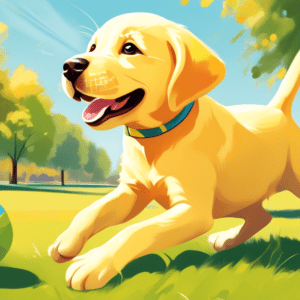 A happy yellow labrador retriever puppy looking attentively at its owner while playing fetch in a sunny park.