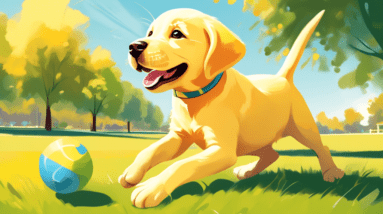 A happy yellow labrador retriever puppy looking attentively at its owner while playing fetch in a sunny park.