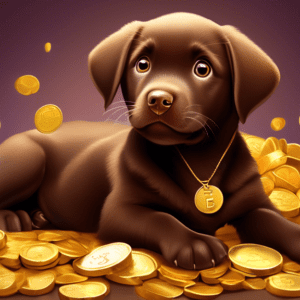 A chocolate labrador puppy with a price tag around its neck looking curiously at a pile of gold coins.