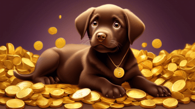 A chocolate labrador puppy with a price tag around its neck looking curiously at a pile of gold coins.