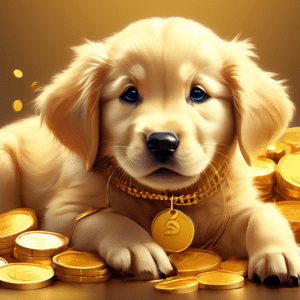 A golden retriever puppy with a price tag around its neck sitting on a pile of gold coins.