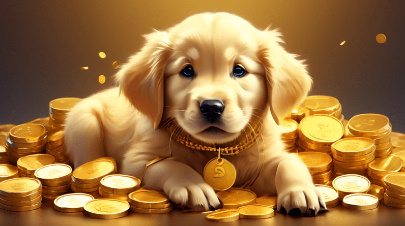 A golden retriever puppy with a price tag around its neck sitting on a pile of gold coins.